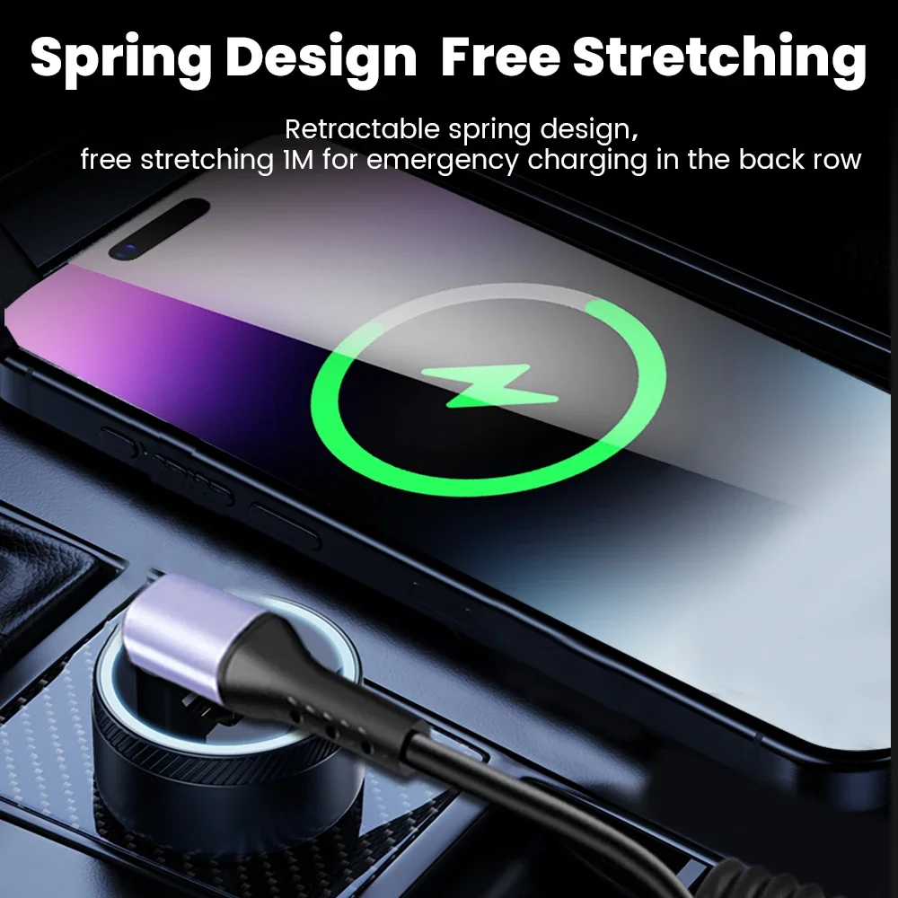 Cable de resorte de coche de 20CM a 1M, Cable de carga rápida corto de 66W, Cable tipo C a tipo C para iPhone 15, Huawei, Xiaomi, Samsung, Cable USB C