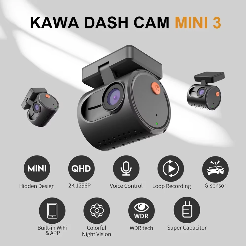 Cámara de salpicadero KAWA MINI 3, compacta, 2K, 1296P, con control por voz, visión nocturna a color, cámara de vigilancia de estacionamiento 24 horas, WIFI, sensor G, supercondensador.