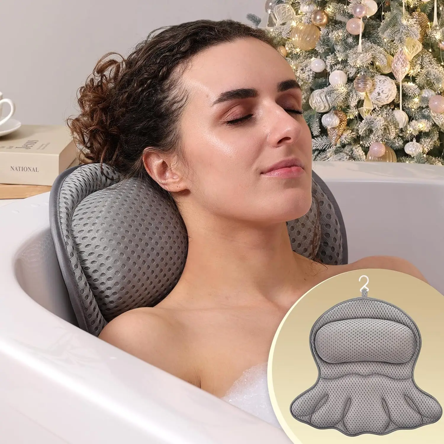 Almohada de baño Almohada de bañera, Almohadas de baño de lujo para soporte de cuello y espalda de bañera, Reposacabezas de almohada de bañera con malla 4D suave