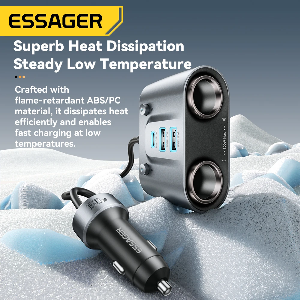 Essager-cargador de coche USB C de 150W, 2 en 1, 100W, divisor de encendedor de cigarrillos Dual, 5 puertos QC 3,0 PD 3,0, carga rápida para teléfono móvil