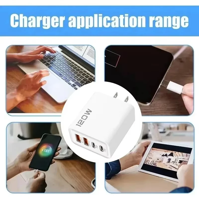 Estación de carga rápida USB C de 4 puertos y 120W, adaptador de pared PD QC3.0, cable de datos para iPhone, Samsung, Xiaomi, Huawei, enchufe EU, US, UK, para viajes