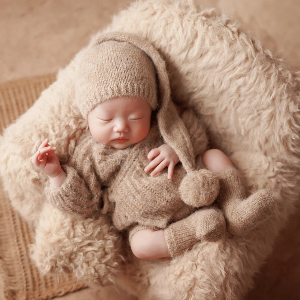Trajes de punto para sesión de fotos de recién nacido, Top de manga larga, sombrero corto suave para dormir, calcetines, ropa de fotografía infantil blanca, disfraz para recién nacido