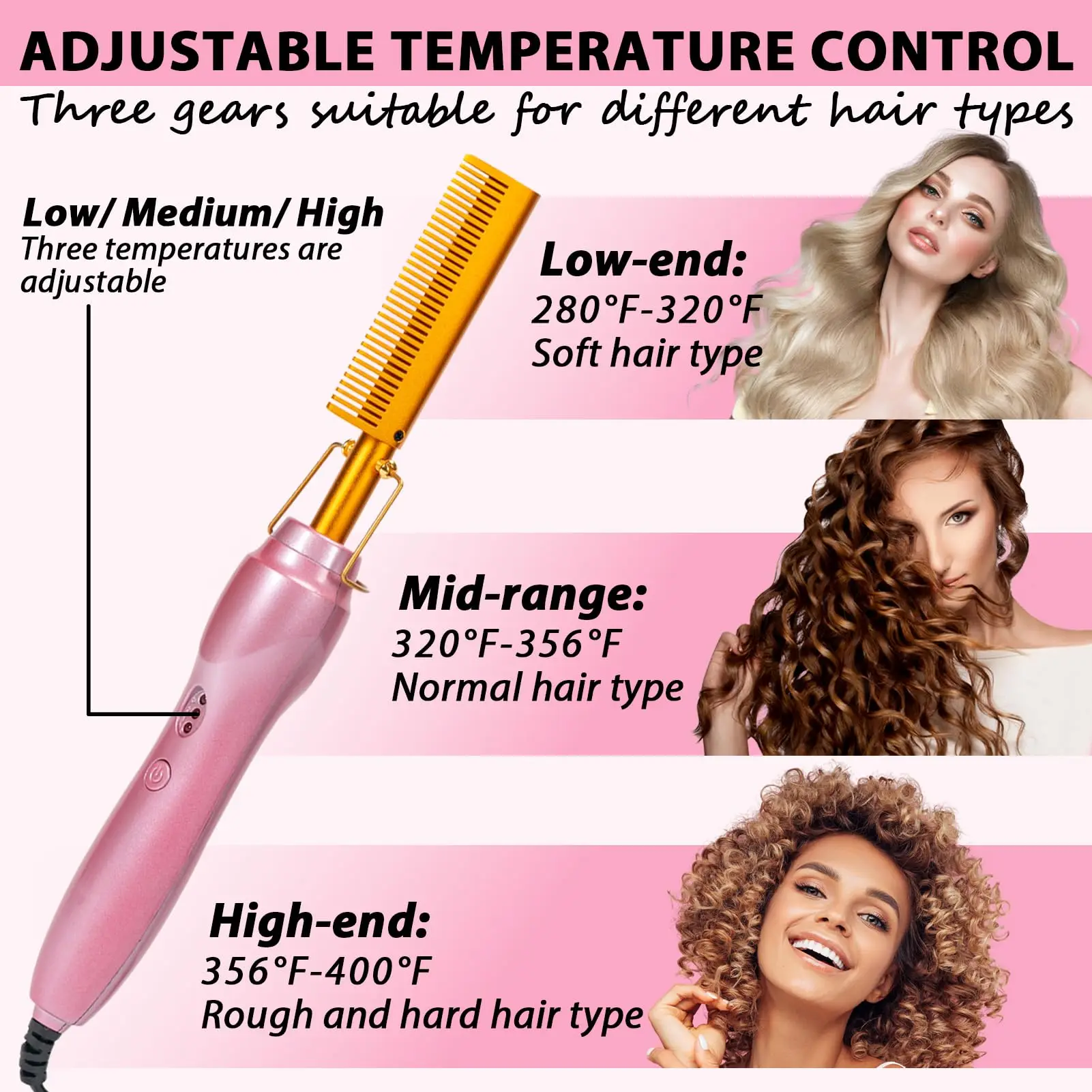 GOIPLE Set de Peine Eléctrico Calentado, 3 Ajustes de Calor, Peine de Prensado Dorado en Rosa Champán con Estilizado de Bordes y Accesorios para Pelucas