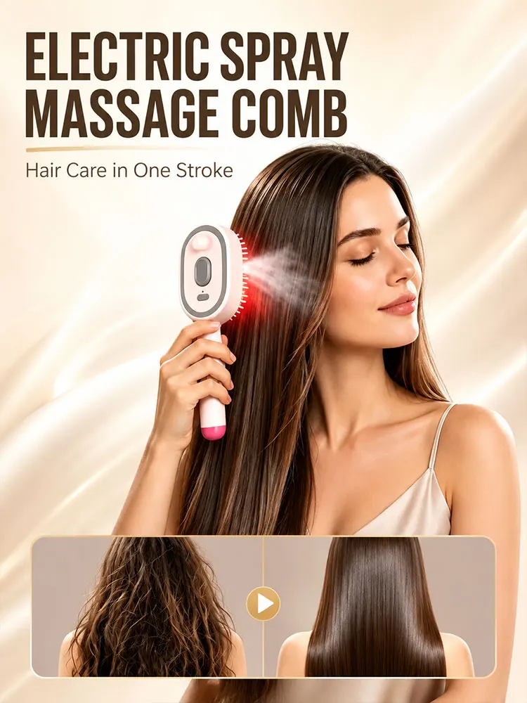 Peine eléctrico multifuncional para masaje del cuero cabelludo, cepillo para alisar el cabello con spray anti-frizz, adecuado para el hogar y viajes al aire libre.