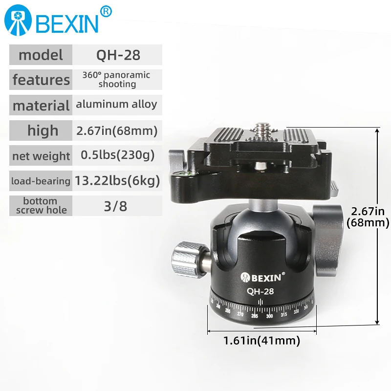 BEXIN-trípode de cabeza esférica con tornillo de 3/8 pulgadas, trípode giratorio de 360 grados de aleación de aluminio para fotografía, para cámara DSLR LH28/LH32