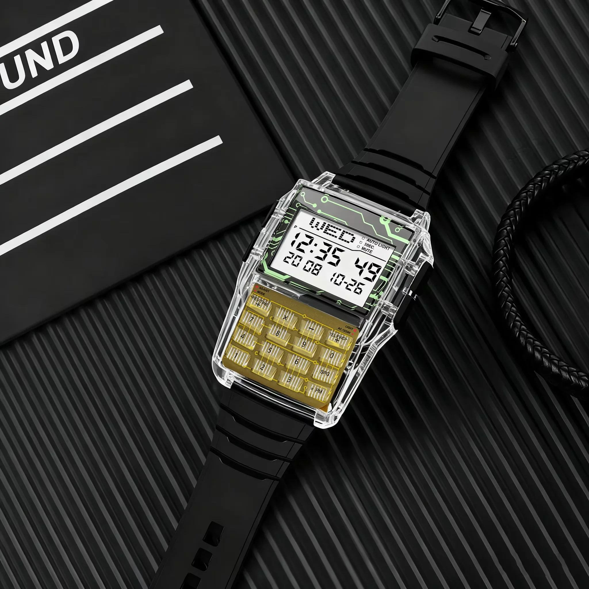 Reloj de plástico con caja transparente para hombre, reloj con calculadora multifunción, reloj LED luminoso, reloj de lujo para hombre, estilo ordenador