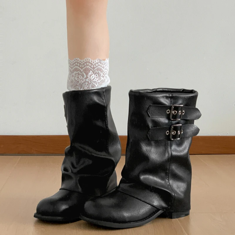 Botines occidentales Vintage de tacón grueso para mujer, zapatos elegantes con hebilla de cinturón, botines cortos de cuero suave y acogedores para mujer