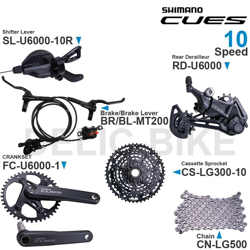 SHIMANO-CUES U6000 Groupset, SL-U6000-10R, RD-U6000, FC-U6000-1, CS-LG300, CS-LG400, MT200, freno de disco, piezas originales