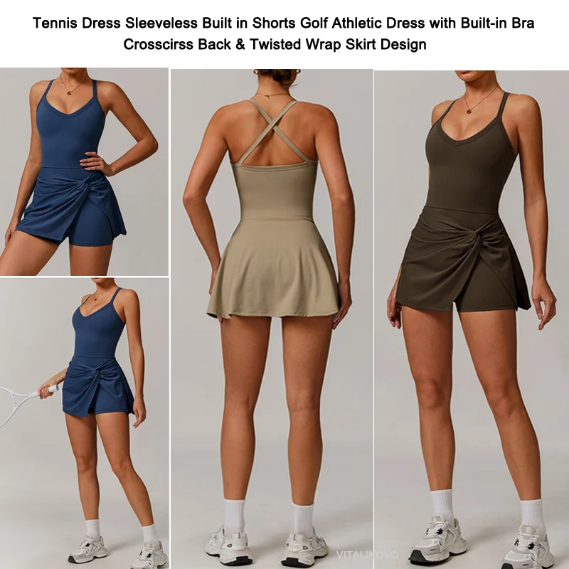 VITALINOVO Vestido de tenis para mujer con pantalones cortos debajo del vestido de entrenamiento con sujetador incorporado Vestidos deportivos con cuello en V profundo Vestido de golf