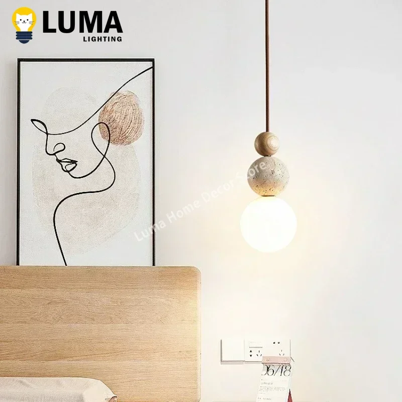 Luma-luces colgantes de travertino amarillo estilo crema, lámparas colgantes de madera de piedra natural para dormitorio, mesita de noche, restaurante, isla de cocina