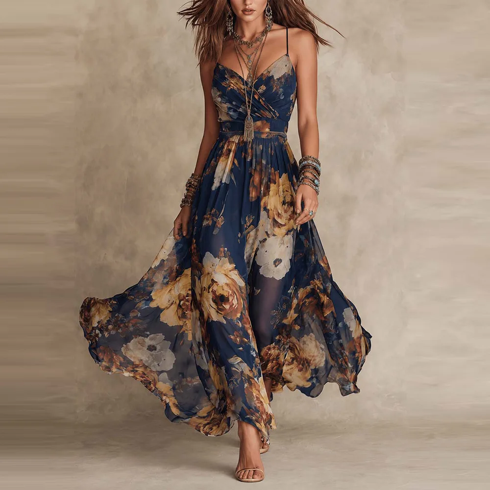 Nuevo Vestido Maxi Bohemio con Estampado Floral para Mujer, Elegante, con Tirantes Finos, Cuello en V, Sin Mangas, Cintura Ajustada, Línea A, Largo y Fluido, para Playa