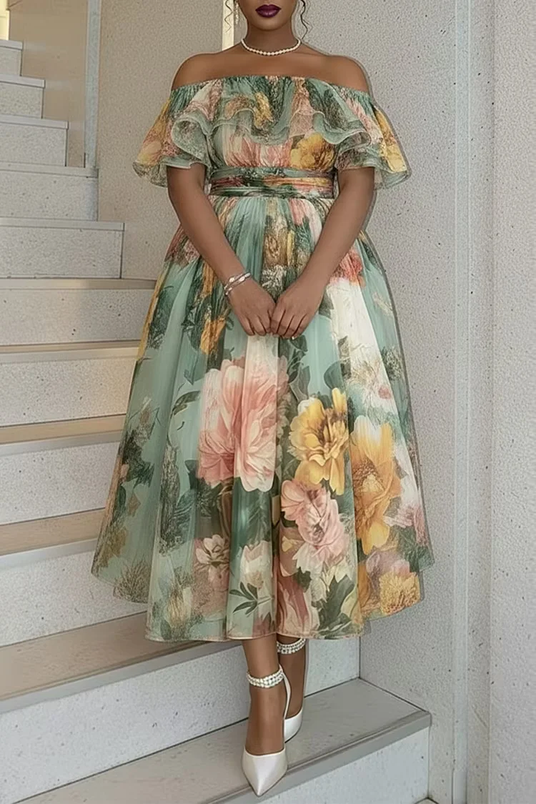 Vestido largo elegante para mujer, talla grande, con estampado floral, hombros descubiertos, cuello con volantes, corte fluido en A, ideal para invitadas de boda en verano, estilo casual.