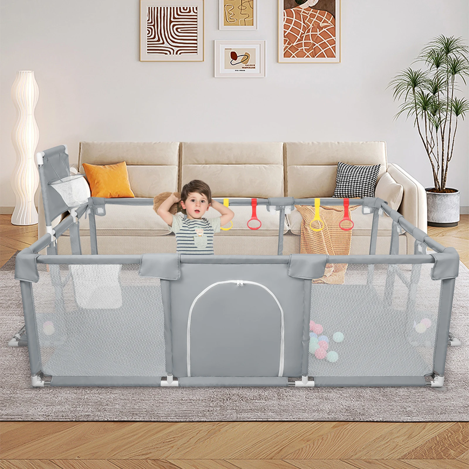 Parque infantil grande para bebés XL 180x120cm, parque infantil para bebés y niños con red transpirable, 50 pelotas de juego y 4 anillas de tracción