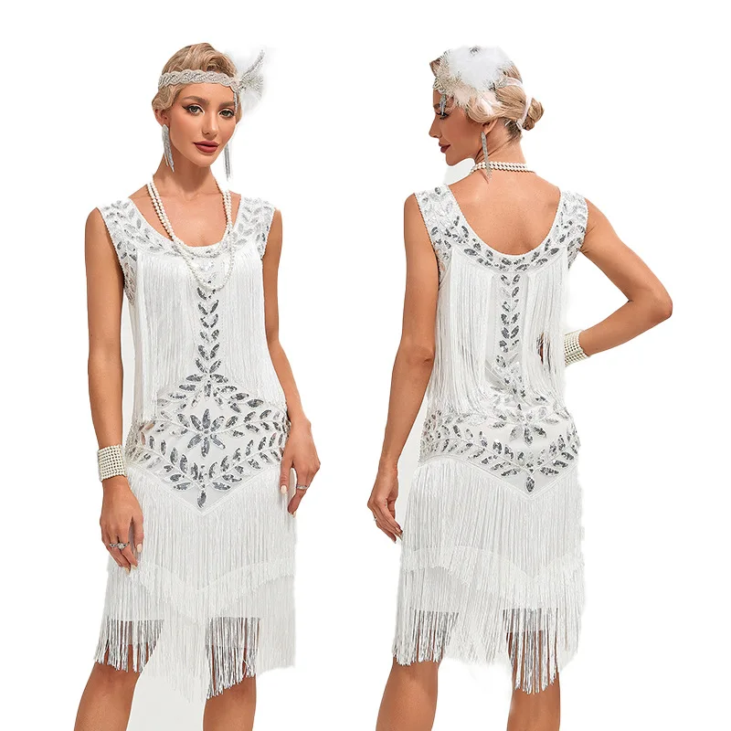 Vestido de baile de Gatsby Retro para mujer, vestido de cuello redondo, lentejuelas, cuentas, borla, chaleco, Falda de baile, Europa americana, 1920