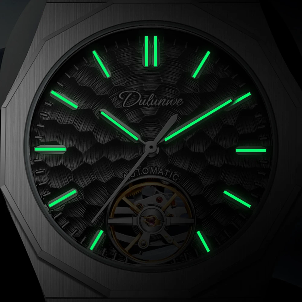 Reloj mecánico automático para hombre, esfera naranja, Tourbillon esqueleto, reloj de pulsera octogonal de acero inoxidable, reloj de lujo resistente al agua