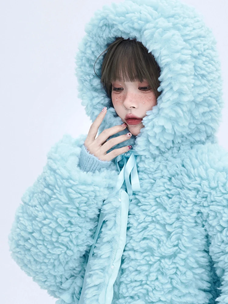 Lautaro invierno largo de gran tamaño Casual grueso cálido azul grueso cálido peludo abrigo de piel sintética mujeres con capucha cremallera moda 2023