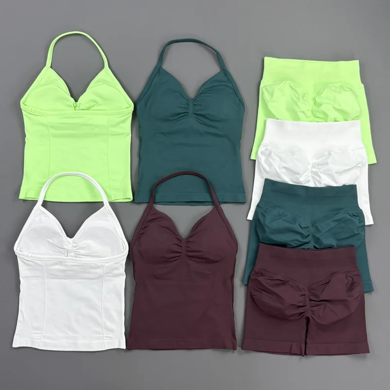 Conjunto Deportivo HISTELLO de 2 Piezas para Mujer, Top Largo con Tirantes, Conjunto de Yoga Sin Costuras, Shorts Deportivos con Efecto Push-Up, Traje de Fitness para Entrenamiento