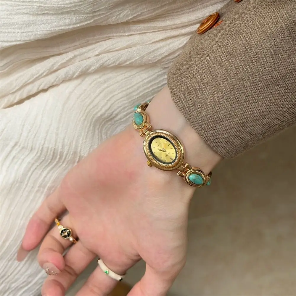 Reloj de Cuarzo Elegante para Mujer, Reloj de Pulsera Ovalado de Lujo, Reloj de Pulsera Vintage con Piedras Preciosas de Colores