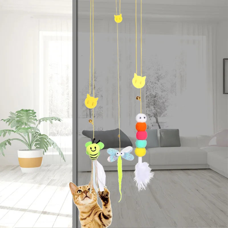 Juguete de simulación para gato, cuerda para rascar, pluma divertida para gatito, juego interactivo, puerta colgante retráctil, suministros para mascotas