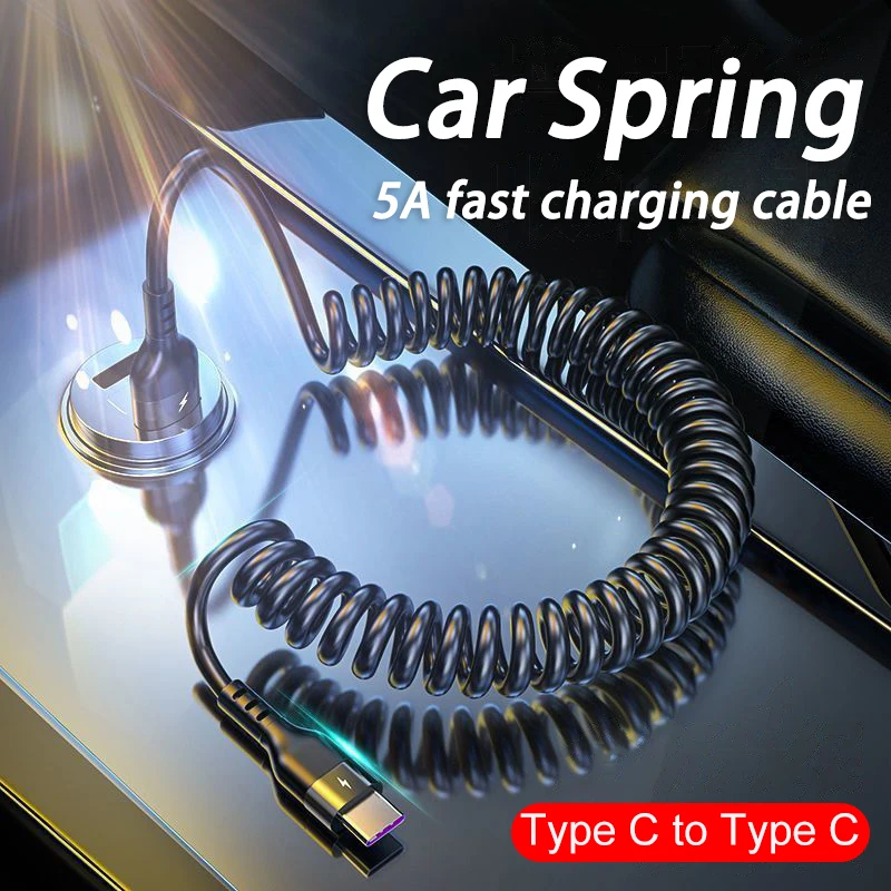 USB tipo C 66W coche 5A carga rápida tipo C a tipo C Cable telescópico de resorte para iPhone 15 Samsung Huawei Xiaomi Redmi OnePlus