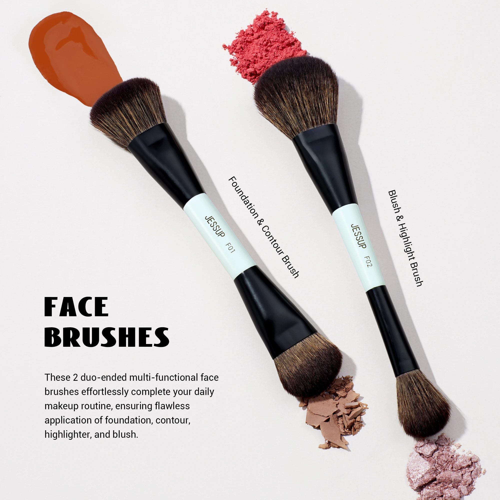 Jessup-Juego de brochas de maquillaje, brochas de maquillaje de doble cara, base, contorno, colorete, mezcla de sombra de cejas, fibra cian brillante T501