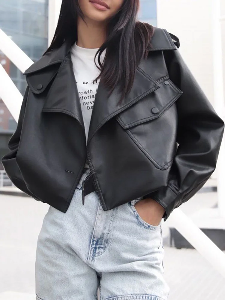 Ailegogo-Chaqueta corta de cuero sintético para mujer, abrigo holgado con bolsillos grandes, ropa de calle para motociclista, primavera y otoño