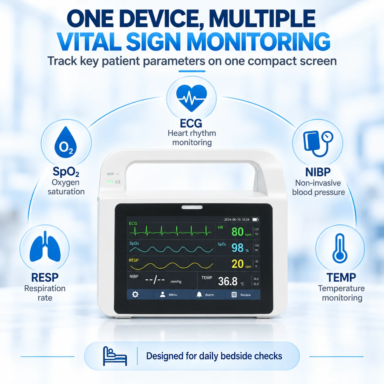 Monitor de signos vitales multiparamétrico para pacientes Resoxy E5, con ECG, SpO2, NIBP, RESP y temperatura, pantalla táctil de 5 pulgadas, dispositivo portátil.
