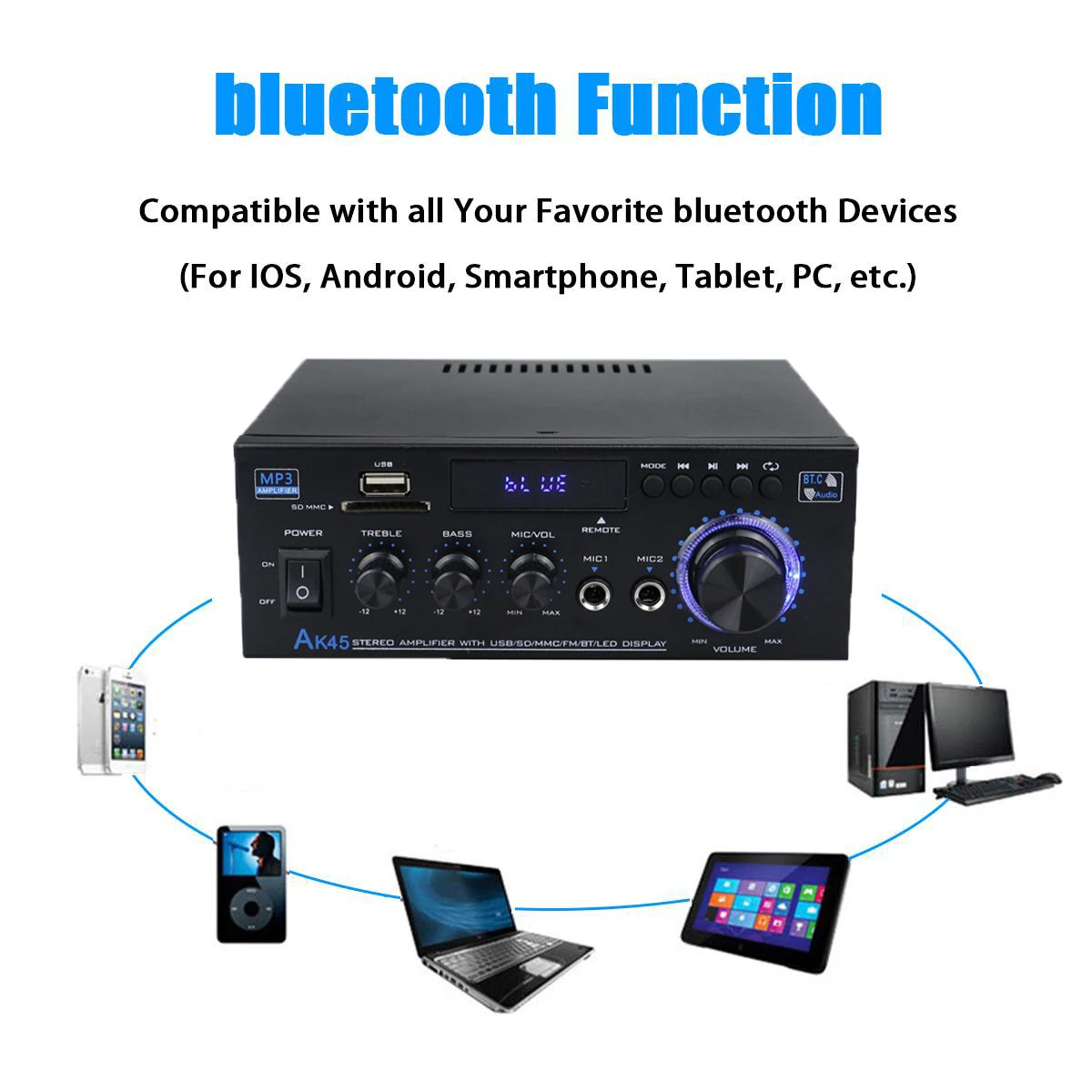 Amplificadores de sonido AK35/AK45/AK55 amplificador Digital Bluetooth para Karaoke de coche en casa amplificador estéreo HiFi de 2 canales FM Control remoto USB