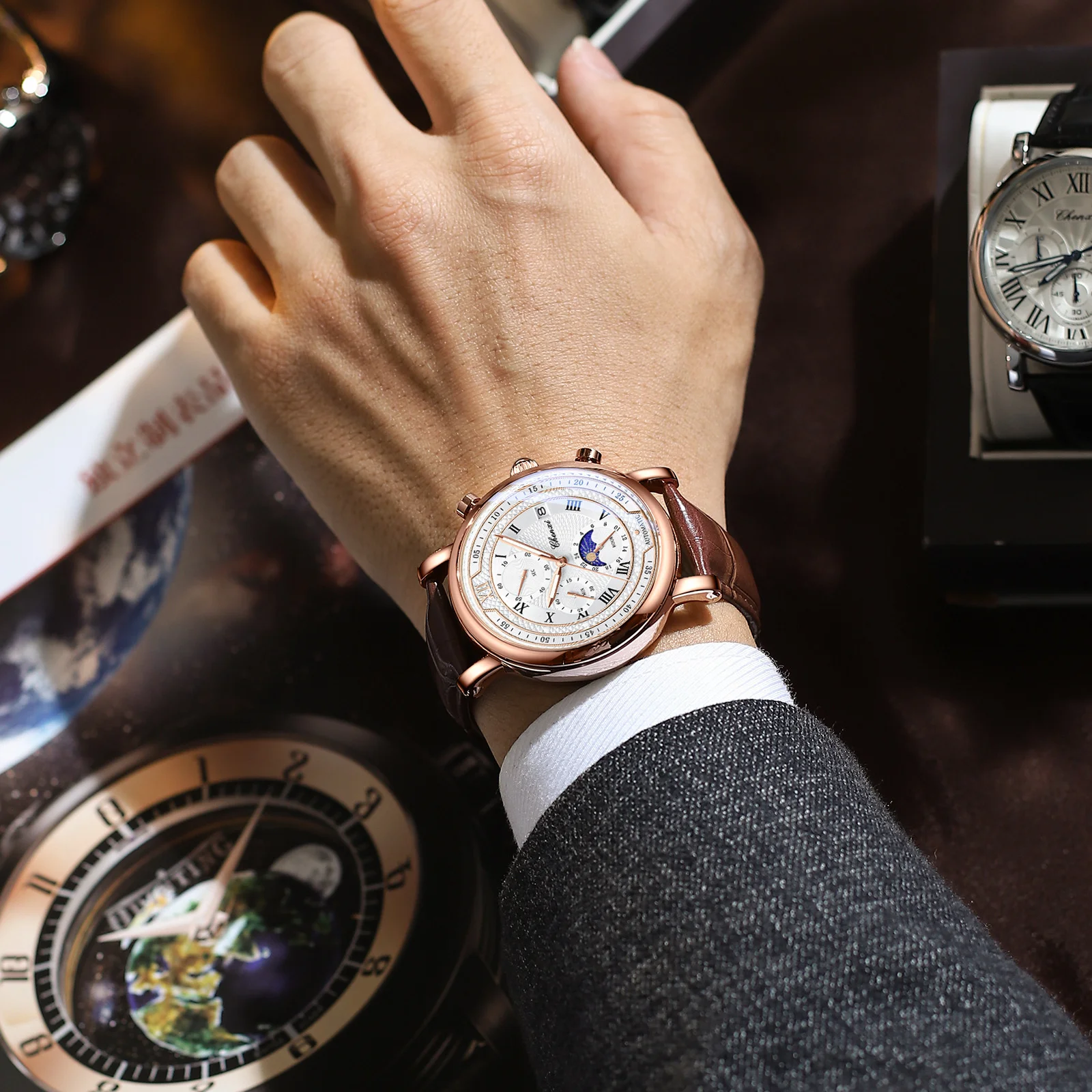 Reloj de cuarzo luminoso para hombre Chenxi 976, cronógrafo de cuero con fecha, fase lunar, cronometraje, estilo ejecutivo, Relojes Para Hombres