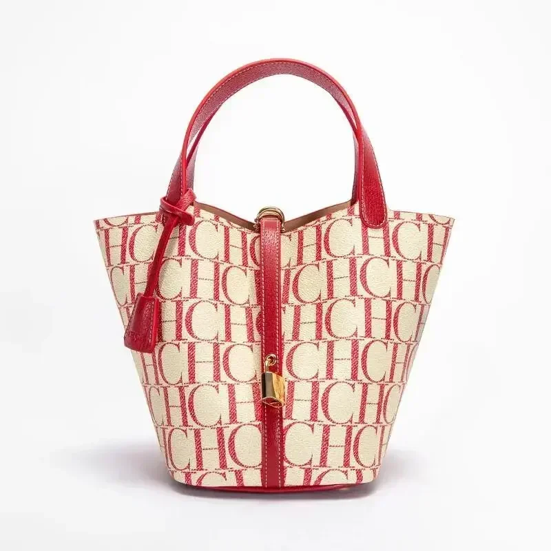 Bolso Tote CH para Mujer, Bolso de Mano de Cuero con Monograma de Lujo, Bolso de Moda con Asa Superior, Bolso Tipo Cubo Elegante con Cierre para el Uso Diario