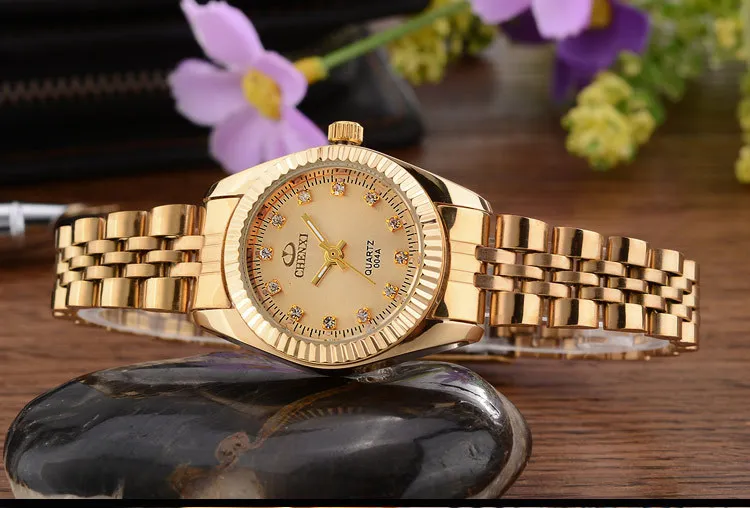 Marca CHENXI, reloj dorado de lujo para mujer, reloj para mujer, vestido para mujer, relojes de pulsera impermeables de cuarzo con diamantes de imitación