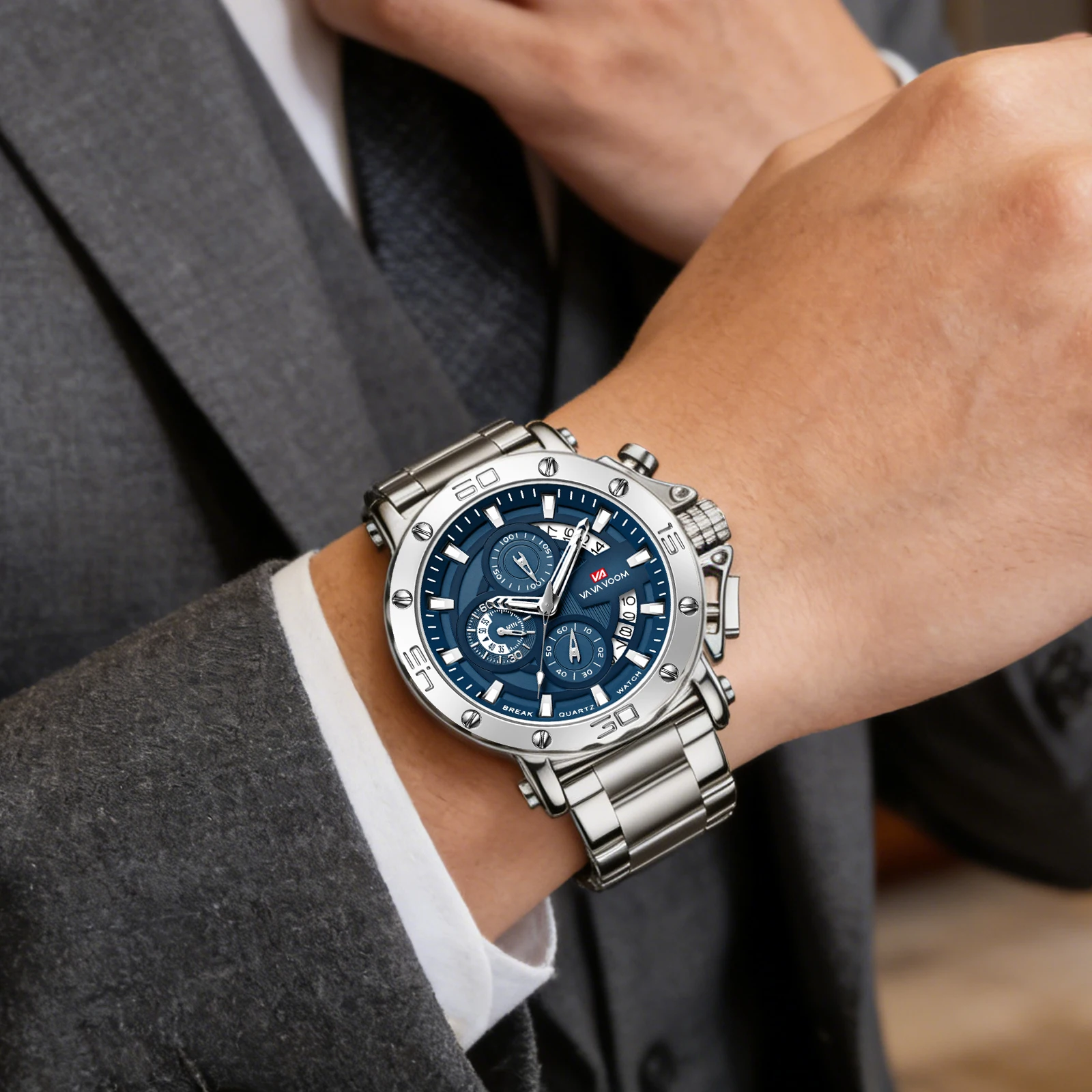 Reloj Deportivo Multifuncional para Hombre, 46 mm, Correa de Acero Inoxidable Plateada, Esfera Luminosa de Moda, Reloj de Cuarzo Resistente al Agua para Hombre
