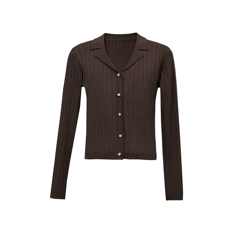Cárdigan de Punto Amii Casual con Cuello Solapa, Botones Geométricos en Contraste, Rayas Acanaladas, Corto para Mujer, Colección Otoño 2026, 12643086