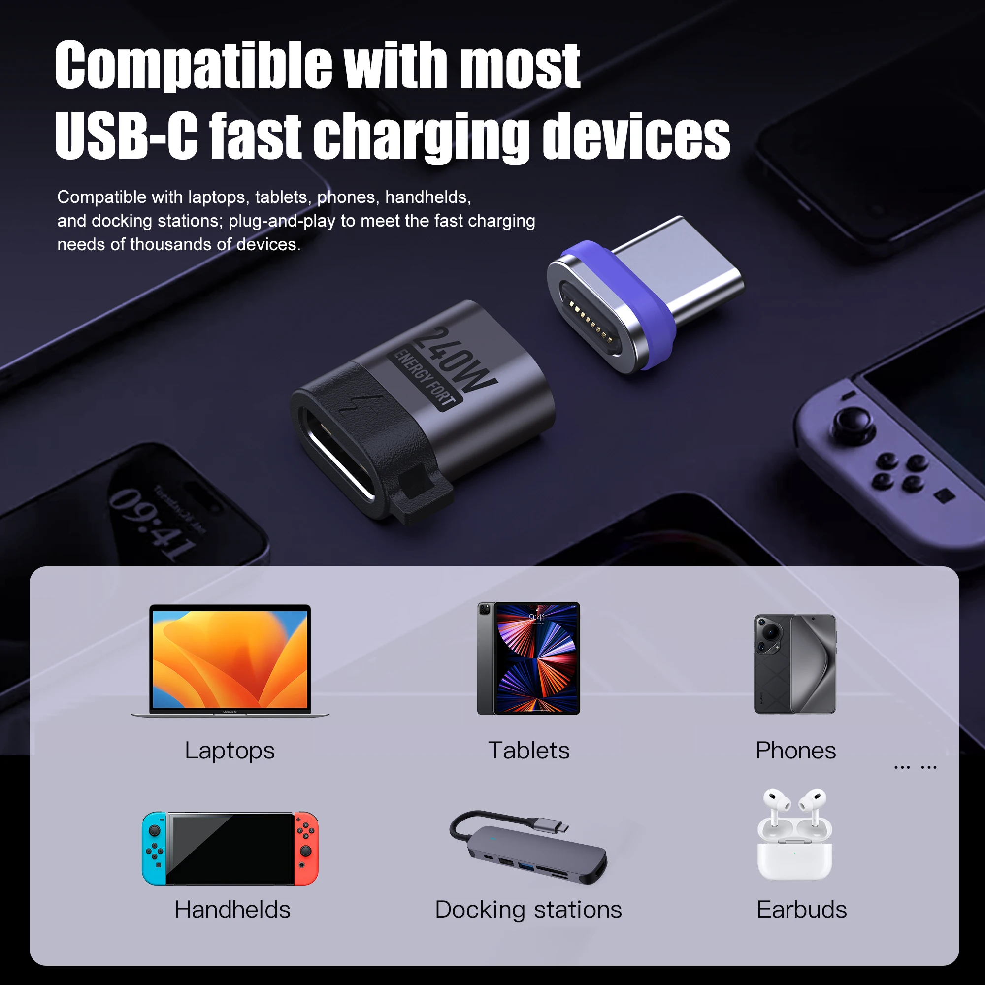 Adaptador USB C magnético de carga rápida PD 240W extensor 480Mbps adaptador tipo C de transferencia de datos para dispositivos Samsung Iphone 17 tipo C