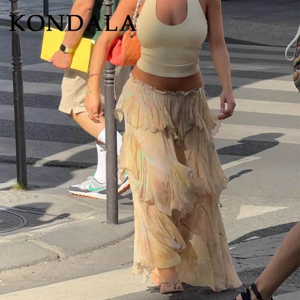 KONDALA Primavera Verano 2026, Faldas Casuales Estampadas para Mujer, Elegantes y a la Moda, Estilo Playa, Falda Larga en A con Volantes para Damas