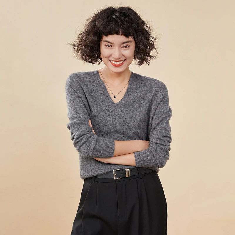 Otoño e Invierno nuevo suéter de cachemira para mujer 100% cachemira pura jersey de punto con cuello en V de manga larga Top de mujer superventas