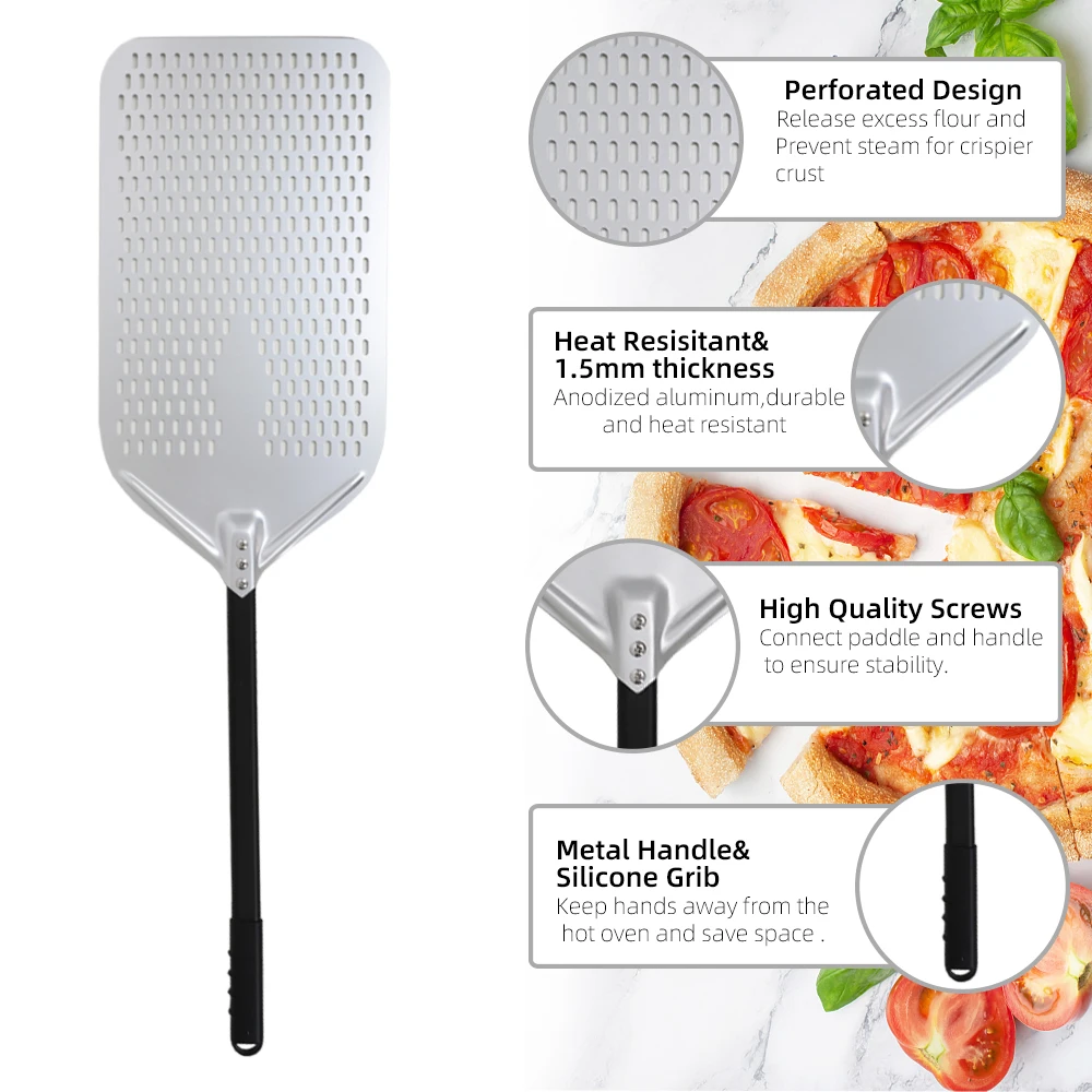 Pala perforada para Pizza grande de 10, 12, 13, 14 pulgadas, mango corto/largo para horno, pelado giratorio, utensilios de cocina, herramientas para hornear Pizza