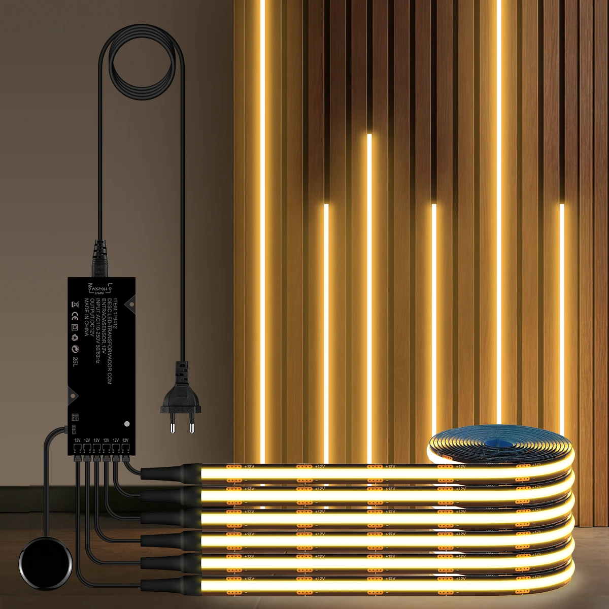 Luz LED Táctil para Vitrinas, Luz Nocturna LED de 4/5/6 Piezas, Tira de LED COB Negra de 1-2 Metros con Enchufe Europeo para Decoración de Paneles Acústicos de Pared
