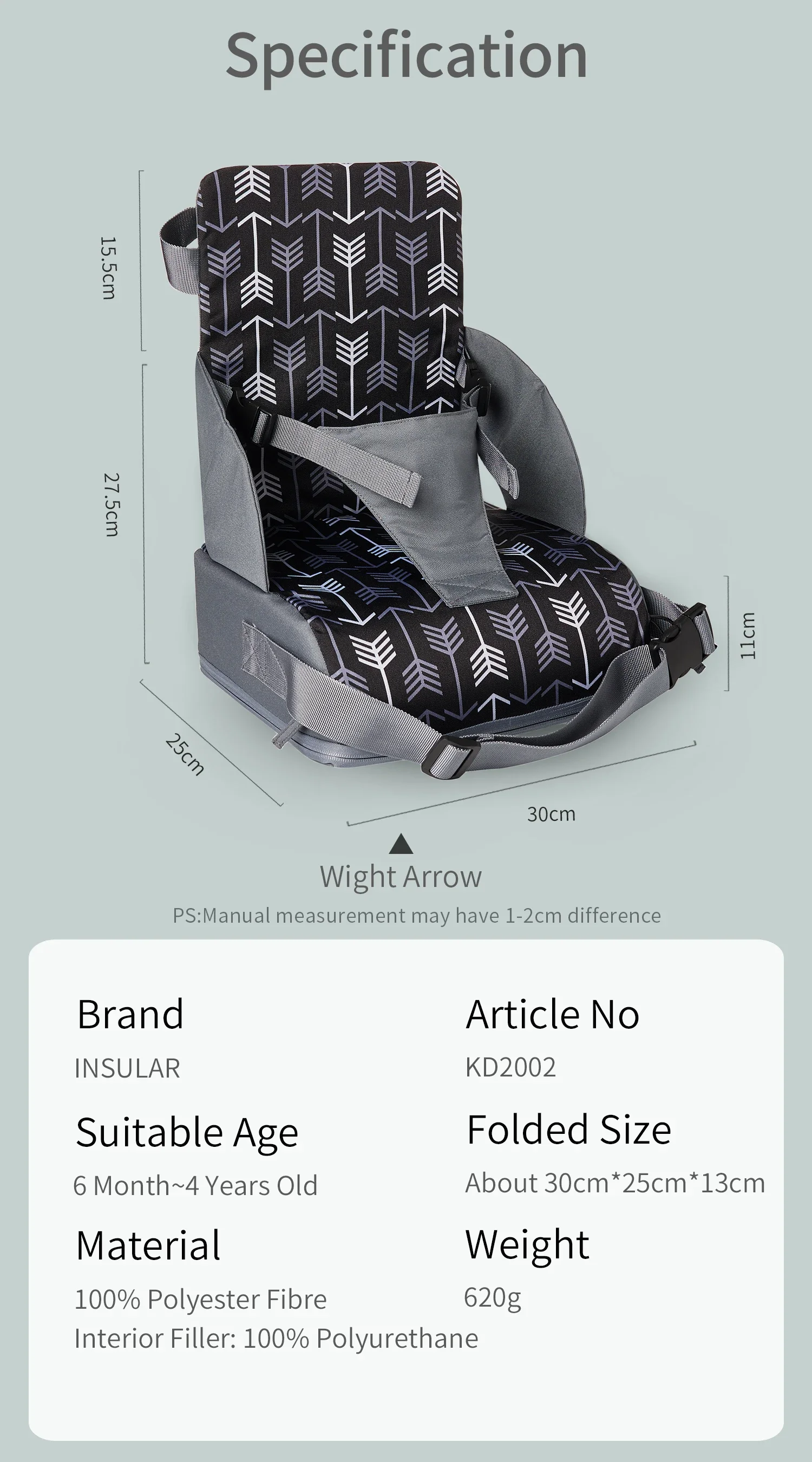 Silla de Comer Plegable y Portátil INSULAR, Asiento Infantil Antideslizante con Cojín Alto, Silla de Comer para Bebés con Cojín Alto, Artículos de Viaje para Niños
