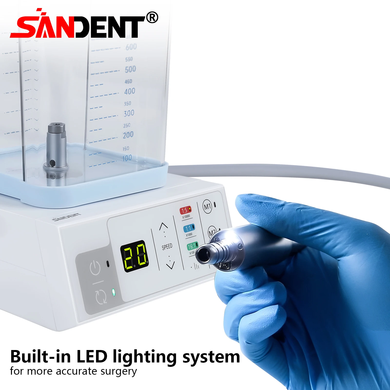 Micromotor Eléctrico Dental SANDENT de 40K RPM con LED, Sistema de Control Vectorial Tipo E, con Tanque de Agua para Prácticas Quirúrgicas