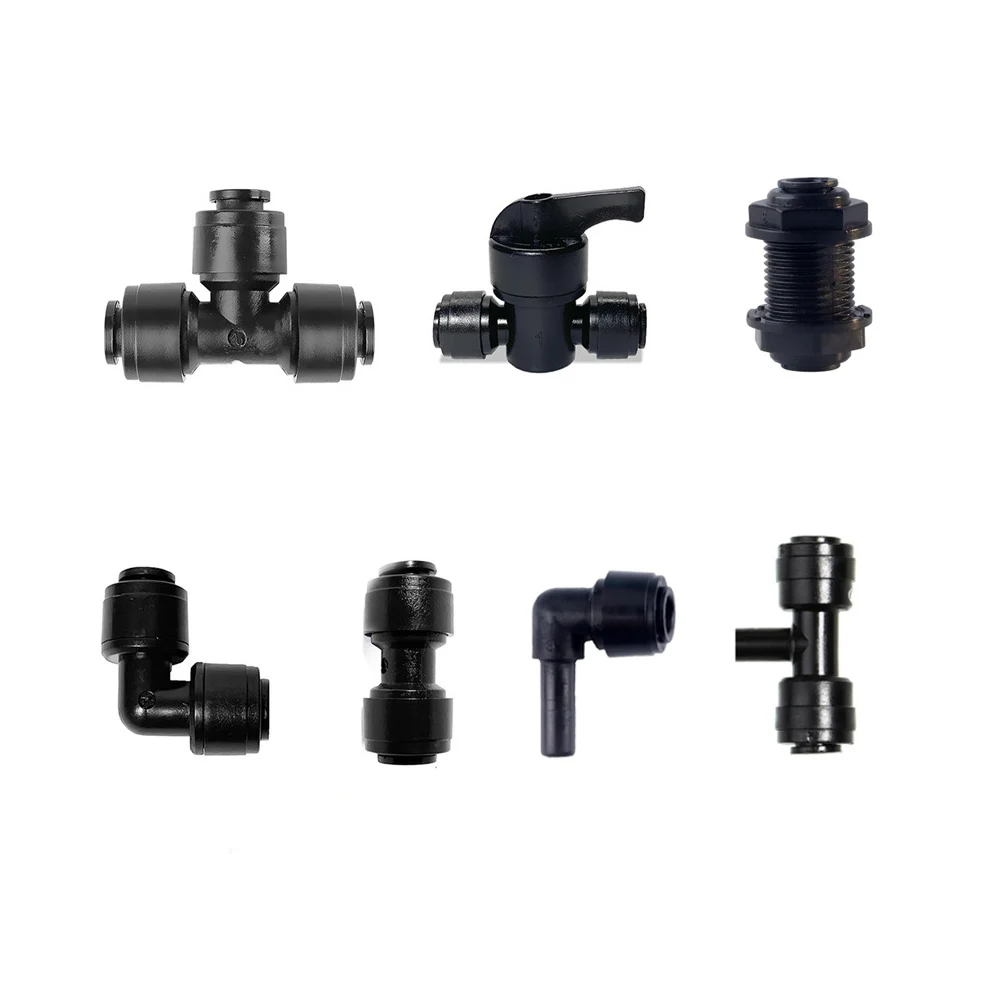 Accesorio de agua RO negro, Tee de codo recto, manguera de acoplamiento POM, tubo de PE, conector de mamparo de vidrio, piezas de filtro de agua, 1/4 "6,35 mm