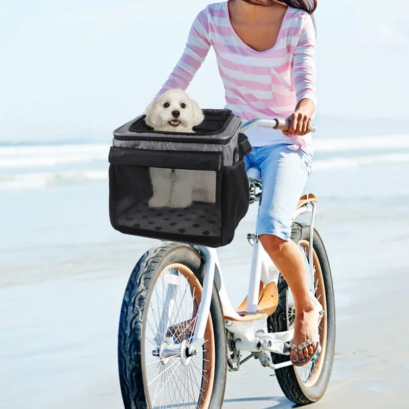Cesta para bicicleta para perros o gatos, mochila transportadora para mascotas de cara suave expandible con 4 puertas abiertas, portabicicletas plegable para perros