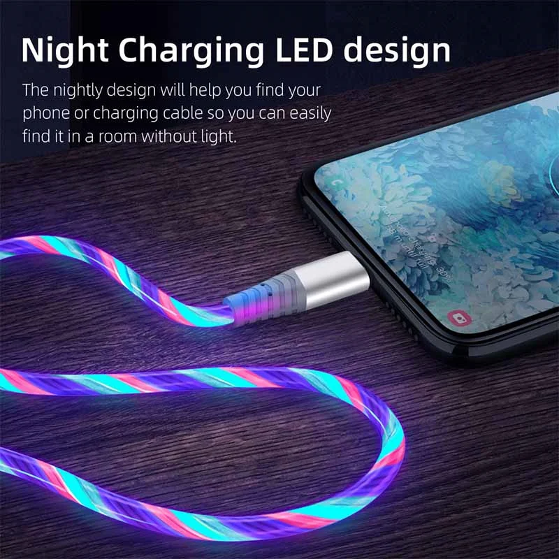 Cable brillante 3A, luz LED que fluye, Cables Micro USB tipo C para Samsung iPhone 13, Xiaomi, Huawei, Cable de carga para teléfono móvil