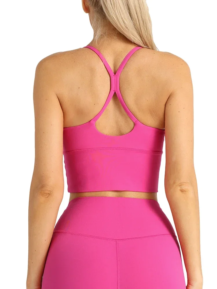 Color sólido mujeres gimnasio Yoga sensación desnuda Sexy espalda cruzada Y forma Sujetador deportivo Fitness Yoga trotar entrenamiento deportes mujeres Sling