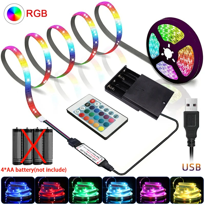 Luces LED RGB con batería, tira de luces LED USB de 5V, cinta Flexible con Control remoto por infrarrojos para decoración de retroiluminación de TV y habitación del hogar