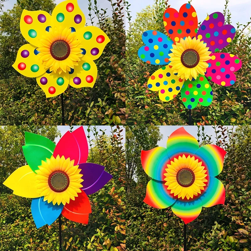 Molino de viento de girasol giratorio, estaca giratoria de viento de girasol, rueda de Pinwheel de flores para césped, fiesta al aire libre, patio, decoración de Picnic
