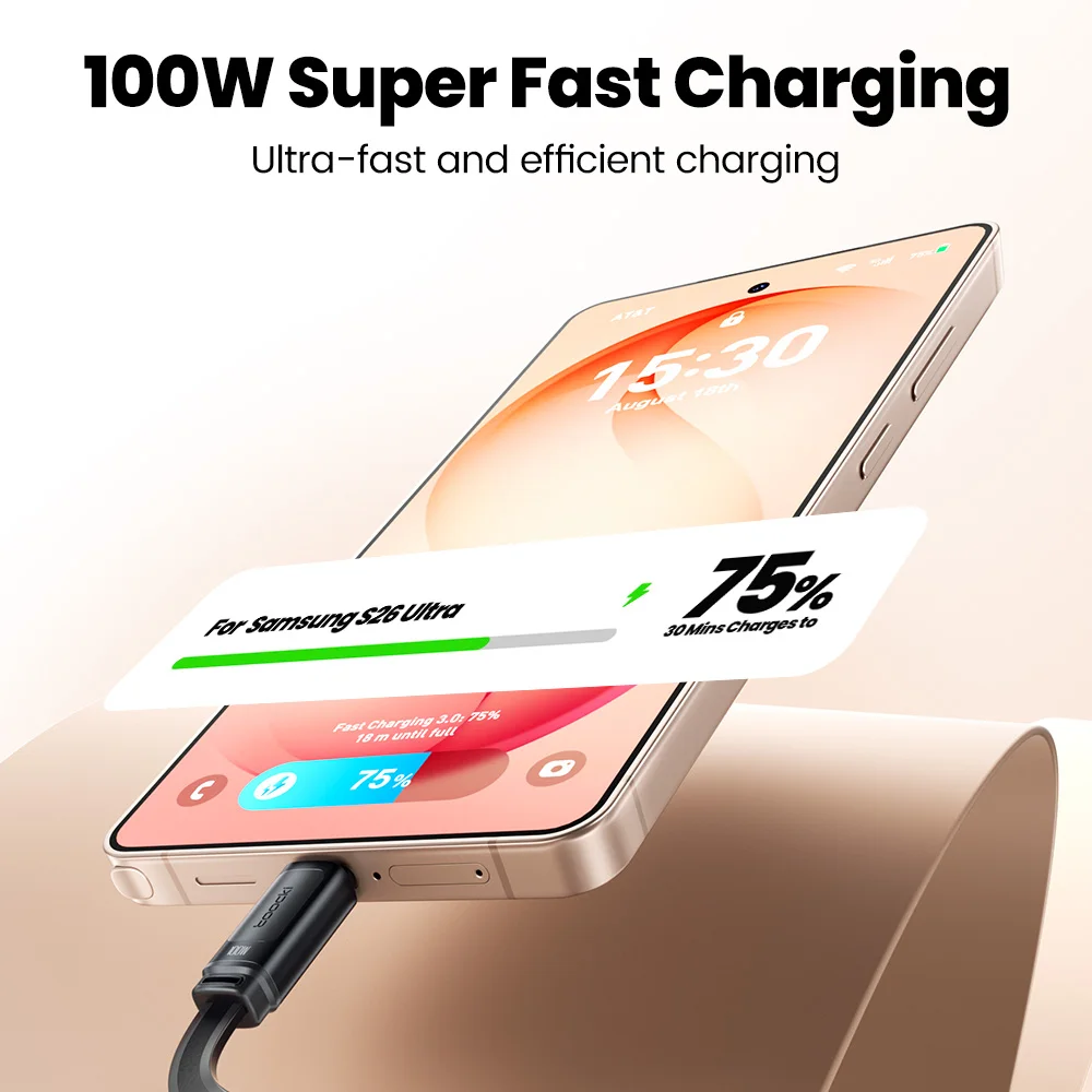 Cable Retráctil Tipo C Toocki 100W Compatible con Carga Rápida SFC 3.0, Cable USB C TPE de Tamaño Mini para iPhone 16 17 Samsung S26 Xiaomi