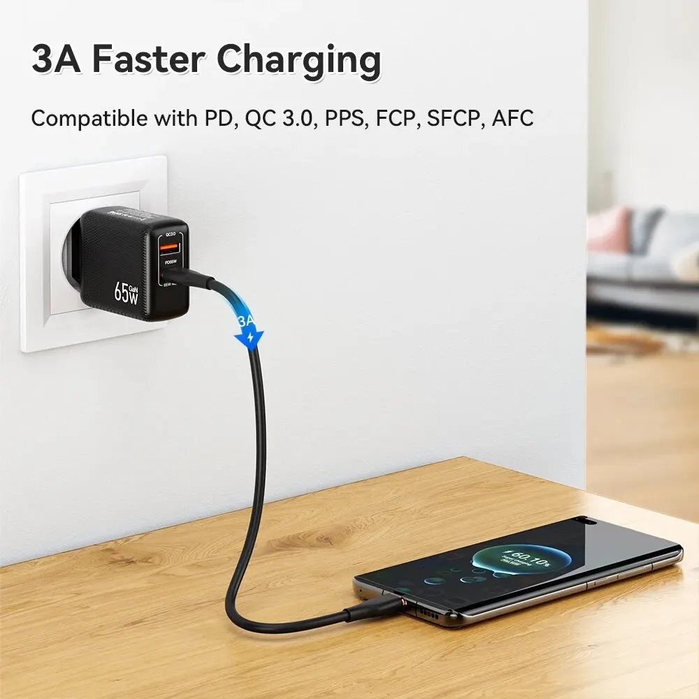 ASOMETECH 2M 60W Cable USB C rápido Cable tipo C Cable de datos de carga rápida cargador Cable USB C para Samsung S21 S20 A51 Xiaomi Mi 10