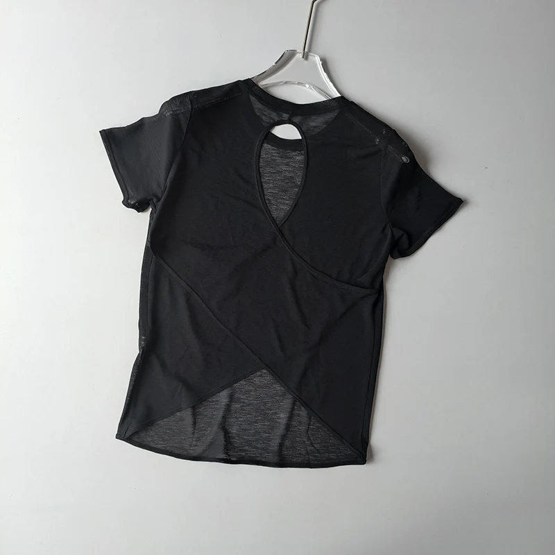 Ropa de Yoga para mujer, blusa de manga corta con Cruz hueca, malla fina, parte de atrás bonita, camisas exteriores, Top deportivo ajustado para Fitness