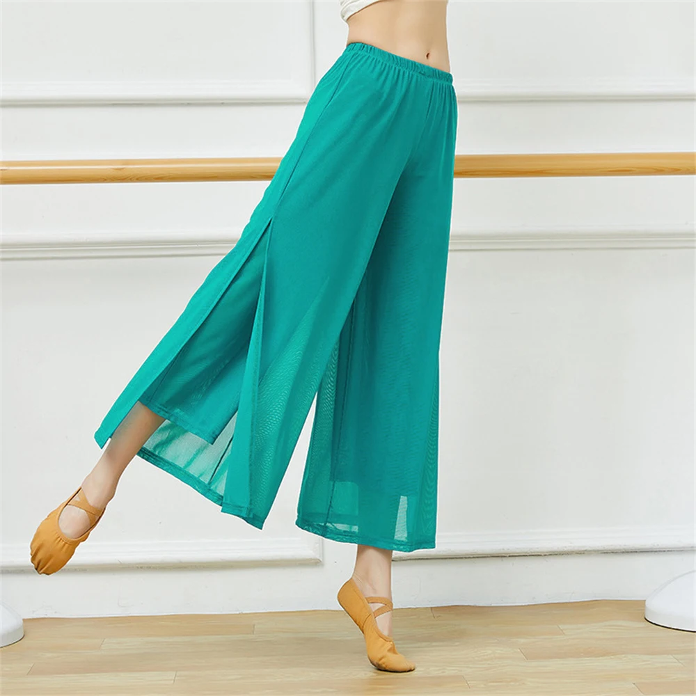 Pantalones de baile modernos para mujer, pantalones de baile de pierna ancha holgados de nailon de malla, pantalones de Yoga diarios para danza clásica china para mujer